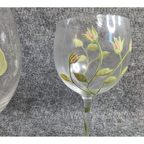 Hand-Painted Floral Wine Glass Set Of 3 Pink Roses 7.5" Tall Rose Balloon - Picture 6 of 6